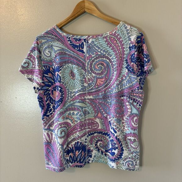 T By Talbots Paisley Top Purple Blue Short Sleeves Sz Large Petite - Picture 5 of 7
